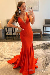 Mermaid Deep V Neck Orange Long Prom Dress with Beading