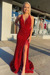 Mermaid Deep V Neck Red Sequins Long Prom Dress with Open Back