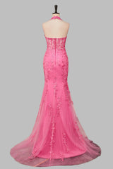 Mermaid Hot Pink Halter Appliques Long Prom Dress with Slit