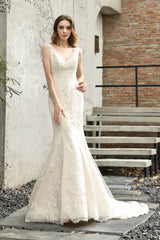 Mermaid Ivory V neck Lace Wedding Dresses with Ruffless Train