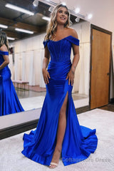 Mermaid Off the Shoulder Satin Prom Dress with Slit