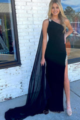 Mermaid One Shoulder Black Long Prom Dress with Split Front