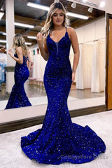 Mermaid Royal Blue Spaghetti Straps Sequins Long Prom Dress