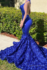 Mermaid Spaghetti strap Appliques Lace Sequined Open Back Floor-length Sleeveless Prom Dress