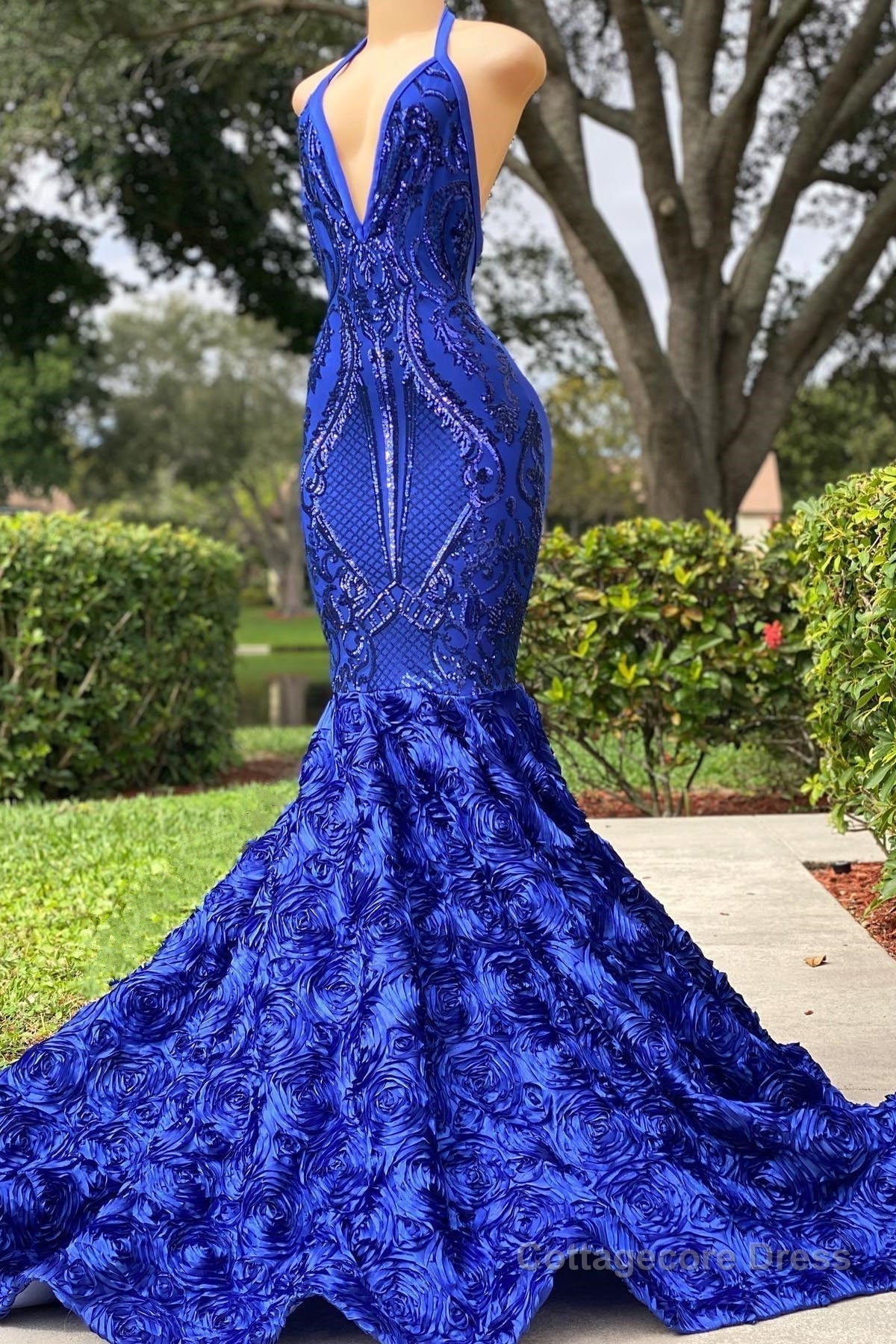 Mermaid Spaghetti strap Appliques Lace Sequined Open Back Floor-length Sleeveless Prom Dress