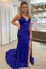 Mermaid Spaghetti Straps Royal Blue Sequins Long Prom Dress with Split Front