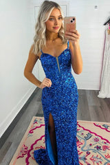 Mermaid Sweetheart Blue Sequins Long Prom Dresses with Slit