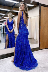 Mermaid V Neck Sequined Lace Prom Dress with Slit