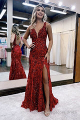 Mermaid V Neck Sequined Lace Prom Dress with Slit