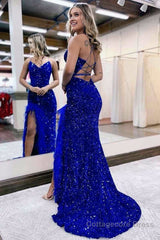 Mermaid V Neck Sequins Long Prom Dress with Slit