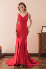 Mermaid V-Neck Spaghetti Straps Red Satin Prom Dresses