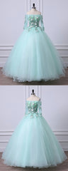 Mint Green Tulle Off Shoulder Long Sleeve Lace Applique Sweet 16 Prom Dress, Formal Dress