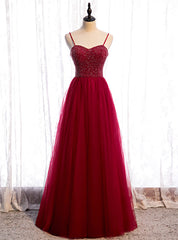 Modern Burgundy Tulle Spaghetti Straps Beading Prom Dress