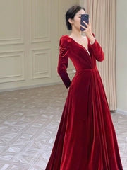 Modest A Line Long Sleeves Red Satin Evening Dress Prom Dresses