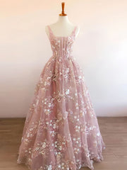 Modest A line Square Neckline Sleeveless Pink Floral Lace Floor Length Prom Dresses