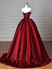 Modest Ball Gown Strapless Burgundy Satin Floor Length Evening Dress Prom Dresses