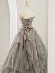 Modest Ball Gown Sweetheart Tulle Floor Length Evening Dress Gray Prom Dresses