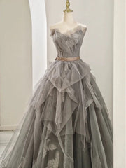 Modest Ball Gown Sweetheart Tulle Floor Length Evening Dress Gray Prom Dresses