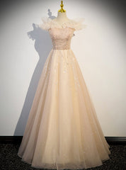 Modest Champagne Tulle Sequins Off the Shoulder Prom Dress