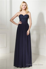 Navy Blue Chiffon Sweetheart Lace Beading Prom Dresses