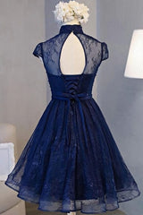 Navy Blue Knee Length Lace Party Dress, Homecoming Dress