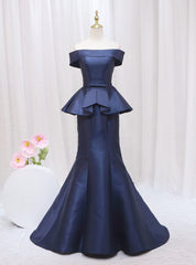 Navy Blue Mermaid Satin Off the Shoulder Prom Dress