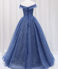 Navy Blue Off Shoulder Shiny Tulle Floor Length Prom Dress, Blue Prom Dress