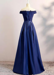 Navy Blue Satin Long Party Dress , Long Bridesmaid Dresses