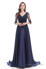 Navy Blue Satin V-neck Short Sleeve Beading Prom Dresses