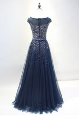 Navy Blue Shiny Sequins Round Neckline Tulle Party Dress, A-line Tulle Blue Evening Dress Prom Dress