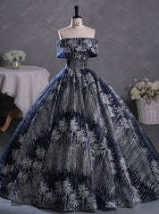 Navy Blue Silver Sequins Off the Shoulder Quinceanera Dress