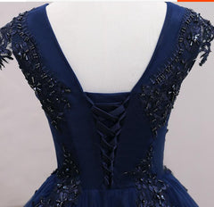 Navy Blue Tulle Beaded Knee Length Cap Sleeves Prom Dress, Blue Homecoming Dress