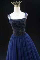 Navy Blue Tulle Beads Long A-Line Prom Dress, Elegant Spaghetti Strap Backless Evening Dress