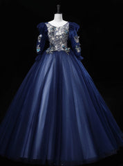 Navy Blue Tulle Long Sleeve Embroidery Sequins Quinceanera Dress