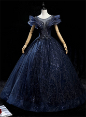 Navy Blue Tulle Sequins Appliques Quinceanera Dress