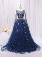 Navy Blue Tulle Sequins Beading Cap Sleeve Prom Dress