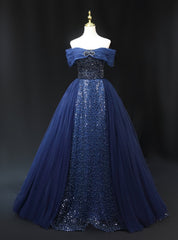 Navy Blue Tulle Sequins Off the Shoulder Beading Prom Dress