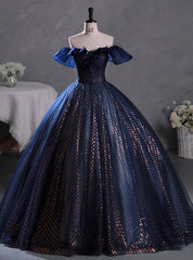 Navy Blue Tulle Sequins Off the Shoulder Quinceanera Dress