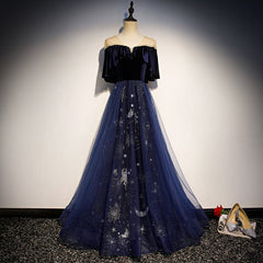 Navy Blue Velvet and Tulle Long Party Dress A-line Blue Evening Dress prom dresses shops