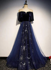 Navy Blue Velvet and Tulle Long Party Dress A-line Blue Evening Dress prom dresses shops