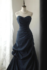 Navy Blue Vintage Style Taffeta Long Prom Dress, Navy Blue Party Dress