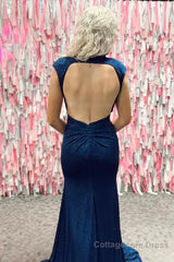 Navy Mermaid Sequins High Neck Open Back Long Prom Dress