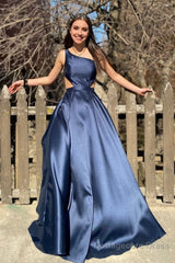 Navy One Shoulder A-Line Long Prom Dress