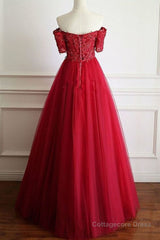 Off Shoulder Burgundy Lace Long Prom Dresses, Burgundy Lace Formal Dresses, Burgundy Evening Dresses