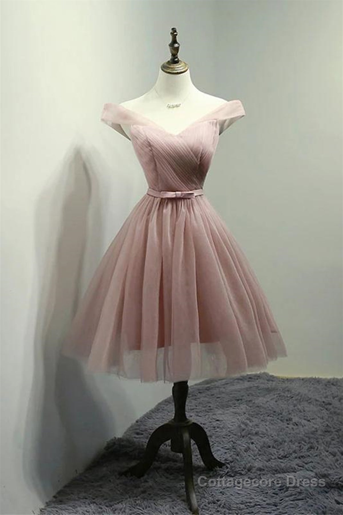 Off Shoulder Dusty Pink Tulle Short Prom Homecoming Dress, Short Pink Formal Graduation Evening Dress