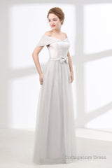 Off Shoulder Gray Formal Floor Length Prom Dresses