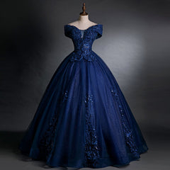 Off Shoulder Navy Blue Long Sweet 16 Gown Blue Tulle with Lace Prom Dress prom dresses shops