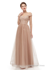 Off-Shoulder Pearls Applique A-Line Tulle Prom Dresses