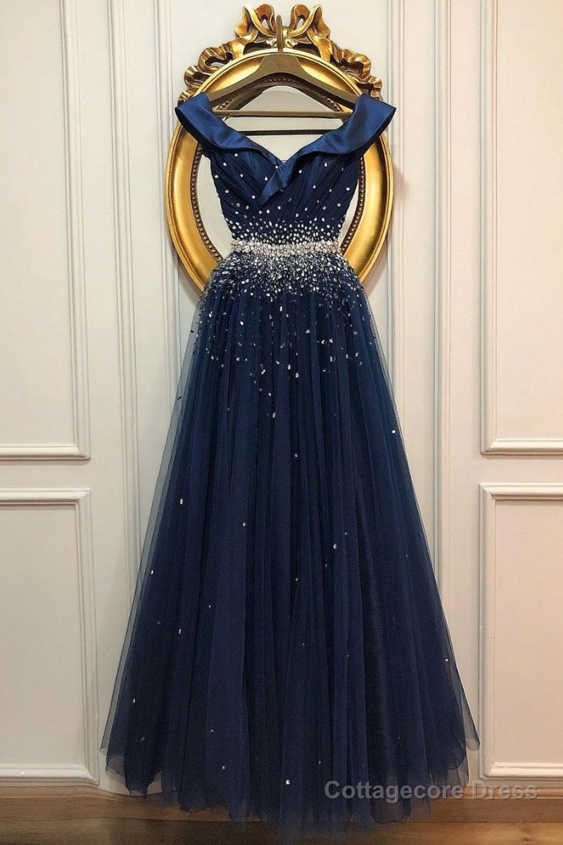 Off Shoulder Sequins Dark Blue Long Prom Dress, Dark Blue Formal Dress, Off Shoulder Evening Dress