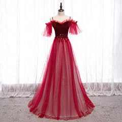 Off Shoulder Wine Red Velvet and Tulle Party Dress, A-line Tulle Floor Length Prom Dress